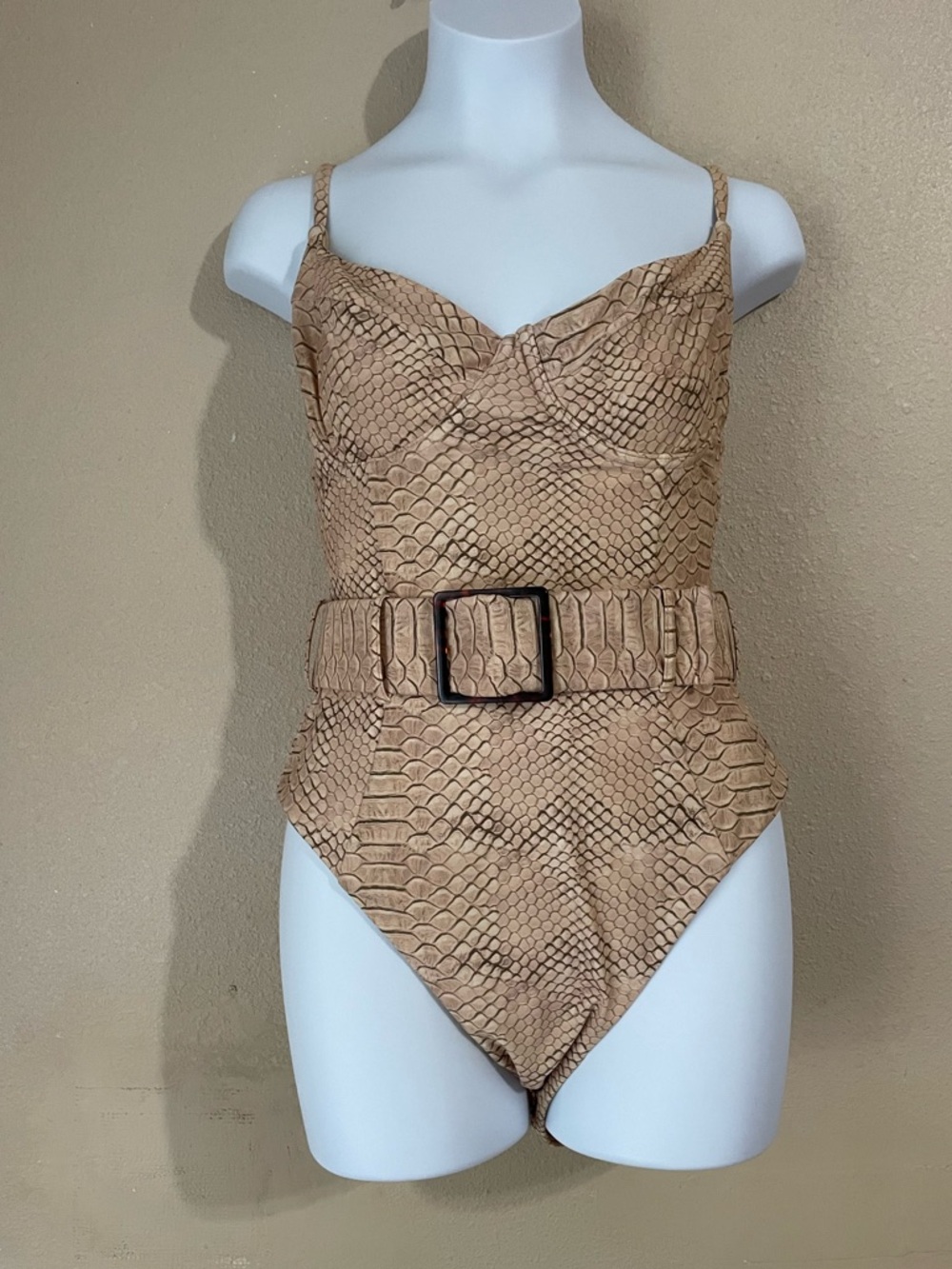 WeWoreWhat Snake Print Belted One-Piece Swimsuit Beige Python Print Monokini - Picture 2 of 9